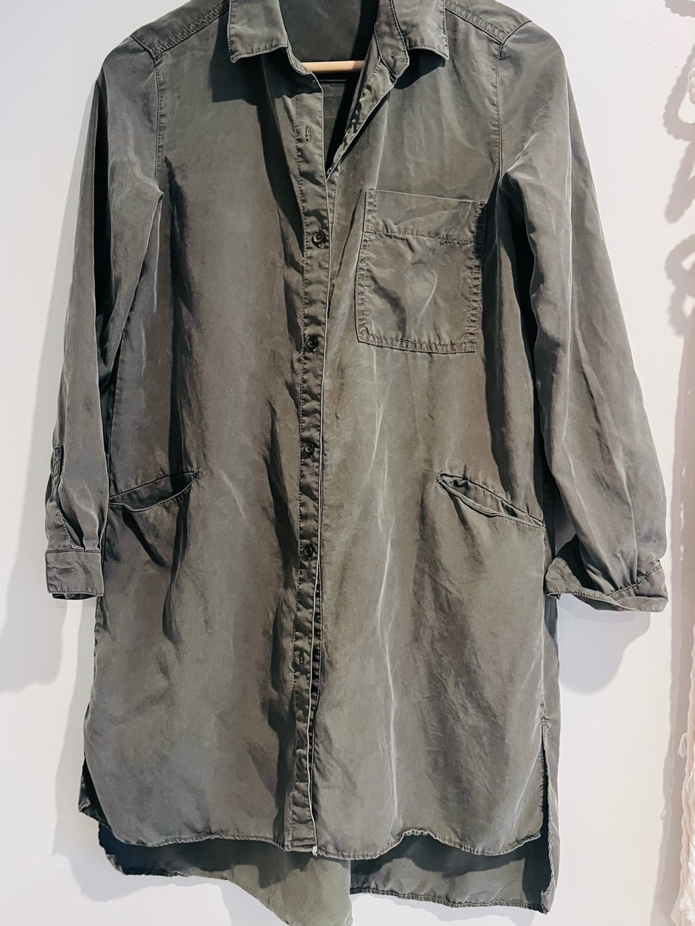 Zara utility cargo shirt dress SMALL army Olive green button  up pockets knee